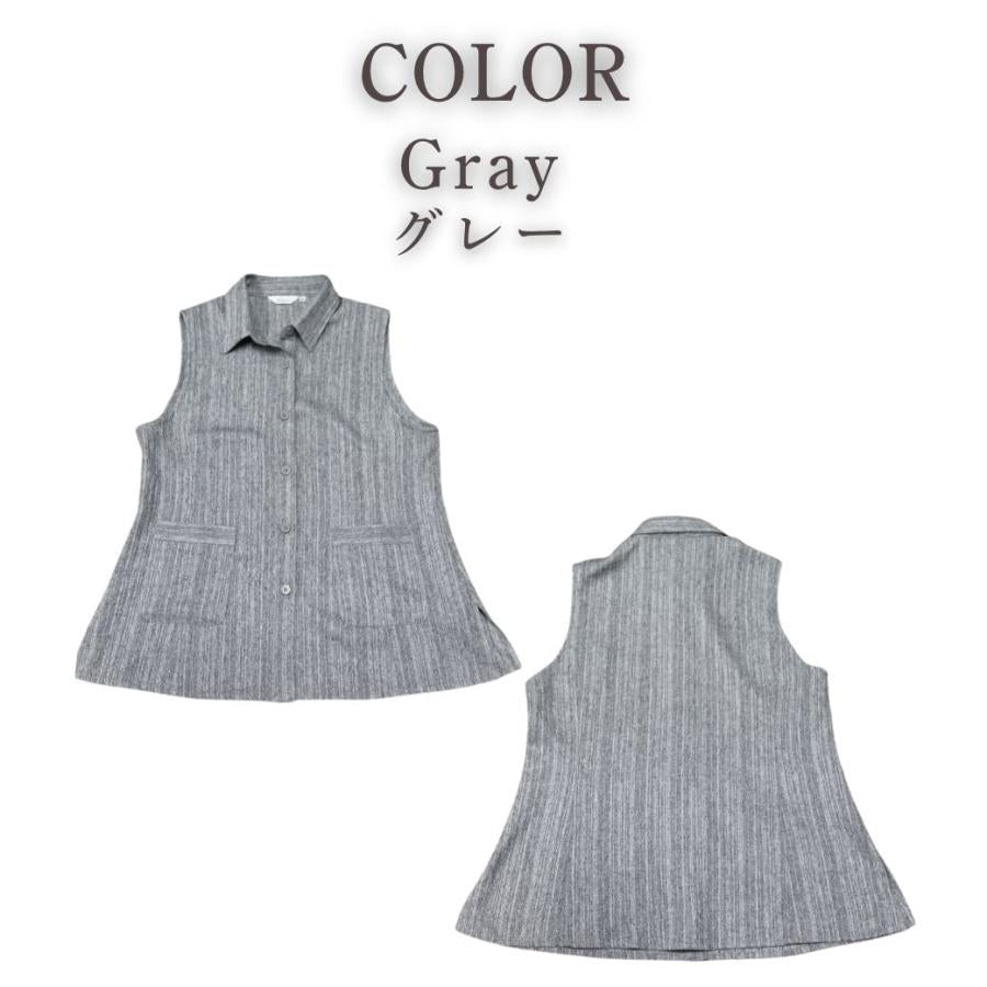 シニア レディース ベスト 前開き チュニックベスト 大きいサイズ M L LL 3L 4L 5L 体型カバー ストレッチ 洗える ポケット付き Aライン 杢グレー