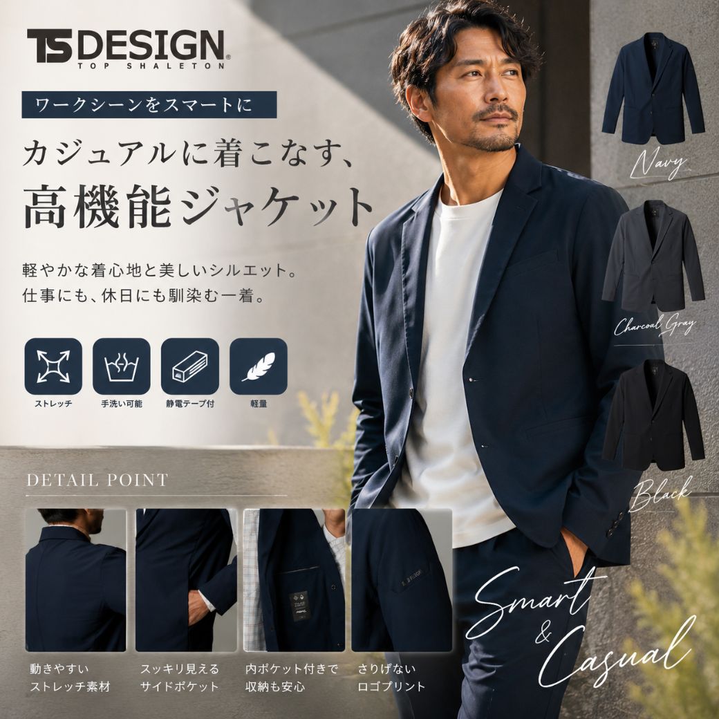 TS DESIGN 9136 メンズ テーラードジャケット 作業服 ジャケット単品 TS4Dストレッチ 吸汗速乾 帯電防止 防汚 S-6L