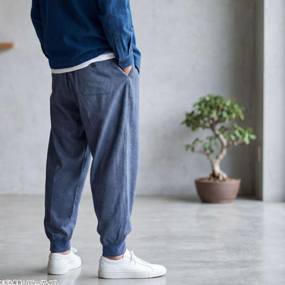 イージーパンツ メンズ シニア 夏 股下66cm 裾上げ済み 裾リブ ウエストゴム 前ファスナー 吸汗速乾 綿混 鹿の子 M〜LL