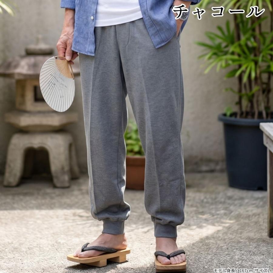イージーパンツ メンズ シニア 夏 股下66cm 裾上げ済み 裾リブ ウエストゴム 前ファスナー 吸汗速乾 綿混 鹿の子 M〜LL