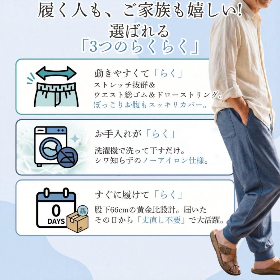 イージーパンツ メンズ シニア 夏 股下66cm 裾上げ済み 裾リブ ウエストゴム 前ファスナー 吸汗速乾 綿混 鹿の子 M〜LL