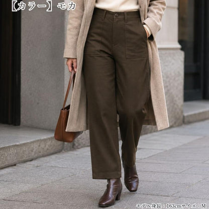 ワイドパンツ レディース 裏起毛 デニム ベイカーパンツ 秋冬 ストレッチ 後ろゴム 股下66cm 暖かい 防寒 きれいめ ゆったり M L LL