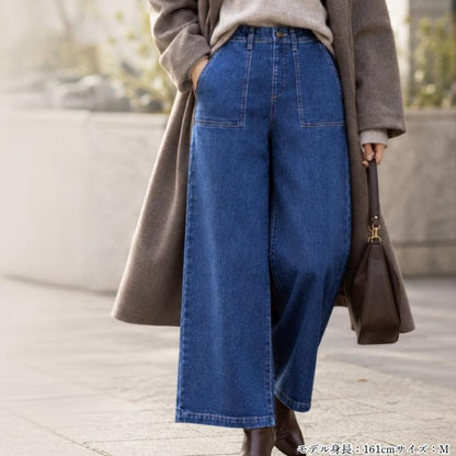 ワイドパンツ レディース 裏起毛 デニム ベイカーパンツ 秋冬 ストレッチ 後ろゴム 股下66cm 暖かい 防寒 きれいめ ゆったり M L LL
