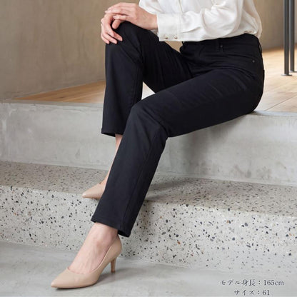 ストレートパンツ レディース 黒 ブラックパンツ 仕事用 美脚 ストレッチ ウエストゴム 色落ちしにくい 股下70cm オフィス 事務服 S-3L