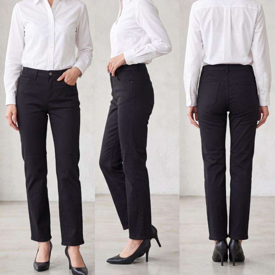 ストレートパンツ レディース 黒 ブラックパンツ 仕事用 美脚 ストレッチ ウエストゴム 色落ちしにくい 股下70cm オフィス 事務服 S-3L